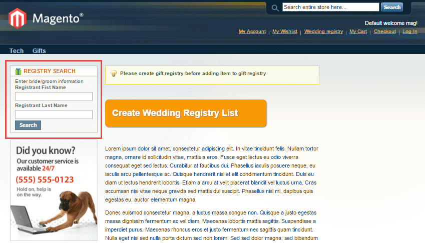 Magento gift registry system