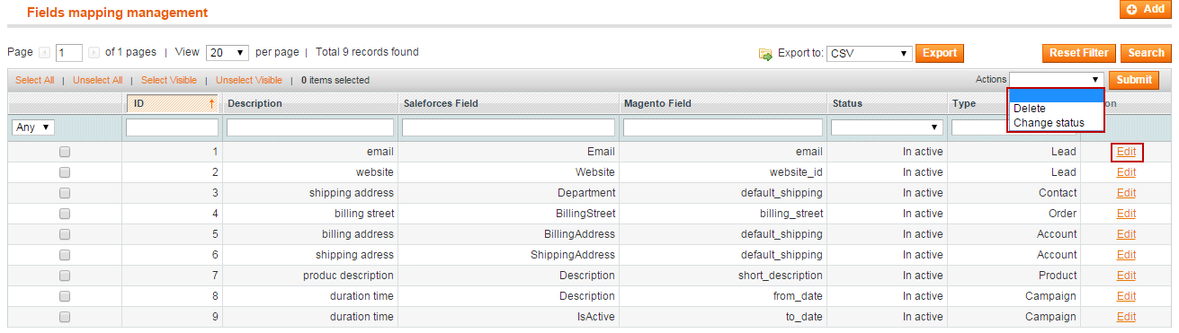 Documentation > 2. Magento Salesforce CRM Integration User Guides > 11.png (change status field mapping) Magento salesforce CRM