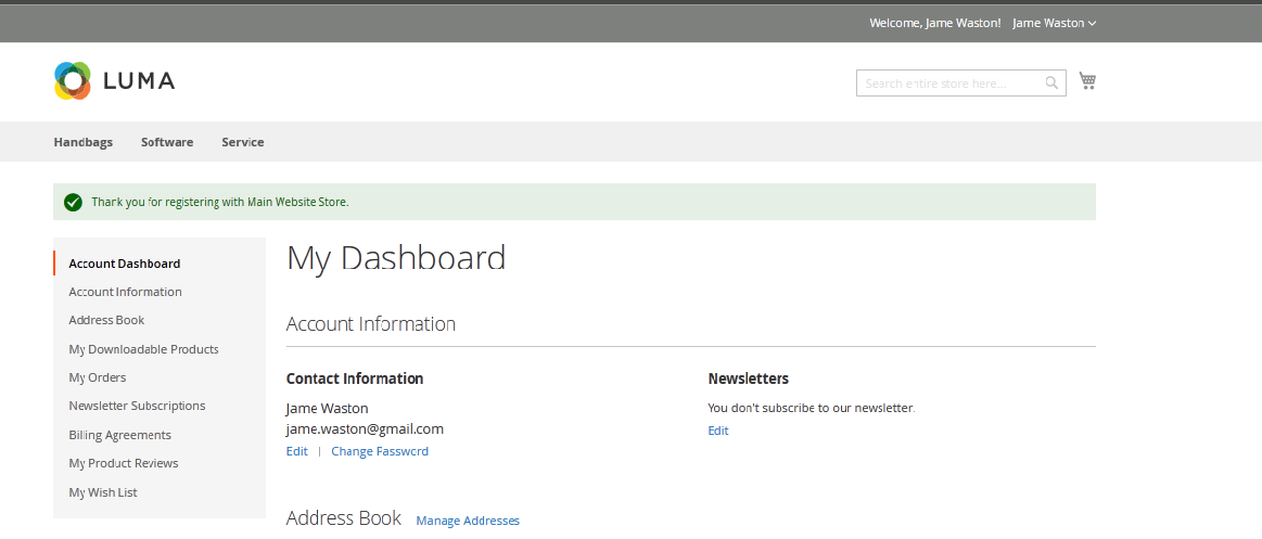 magento sign up dashboard